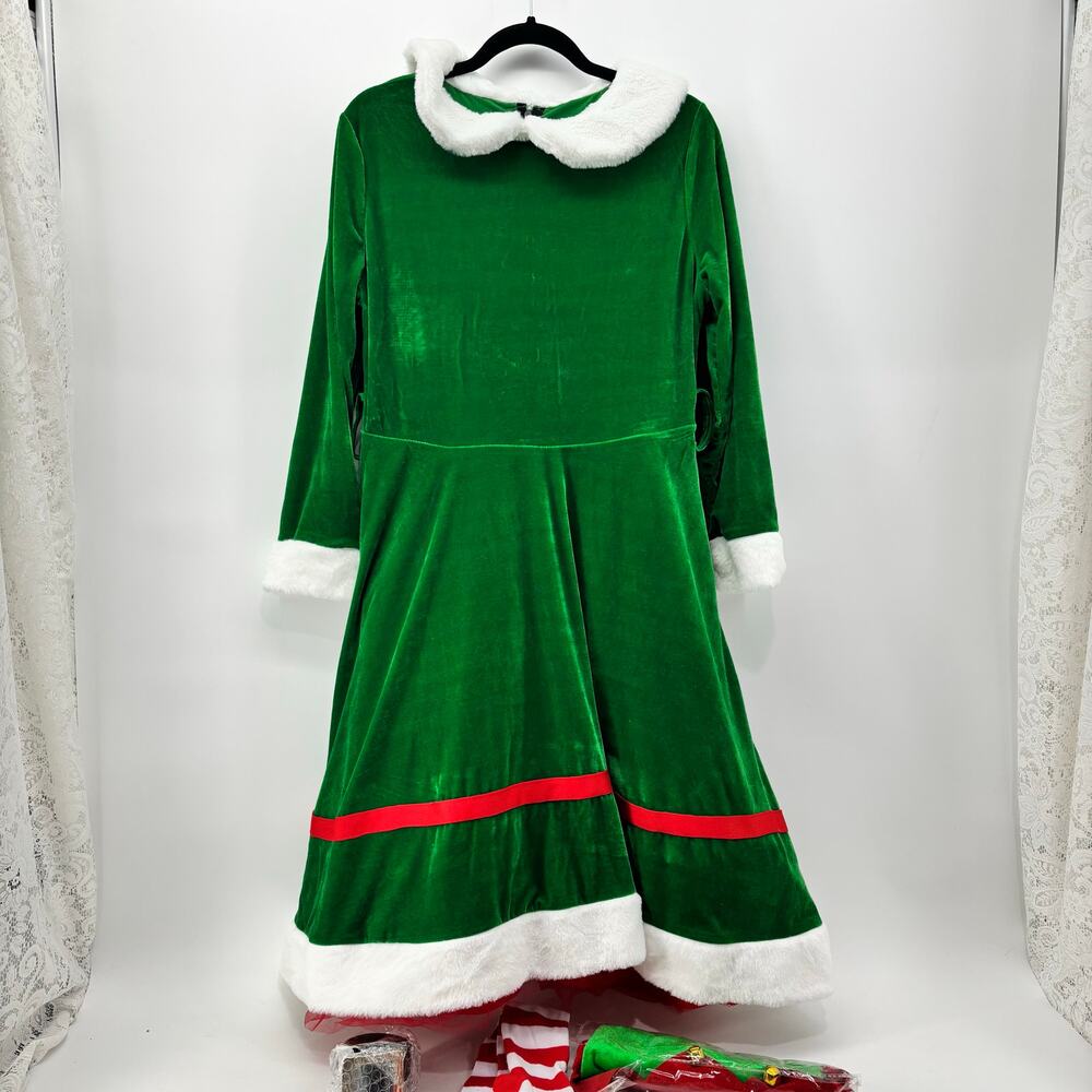 Christmas Elf Velvet Womens Medium Costume Cosplay Dress Socks Hat - Picture 13 of 13